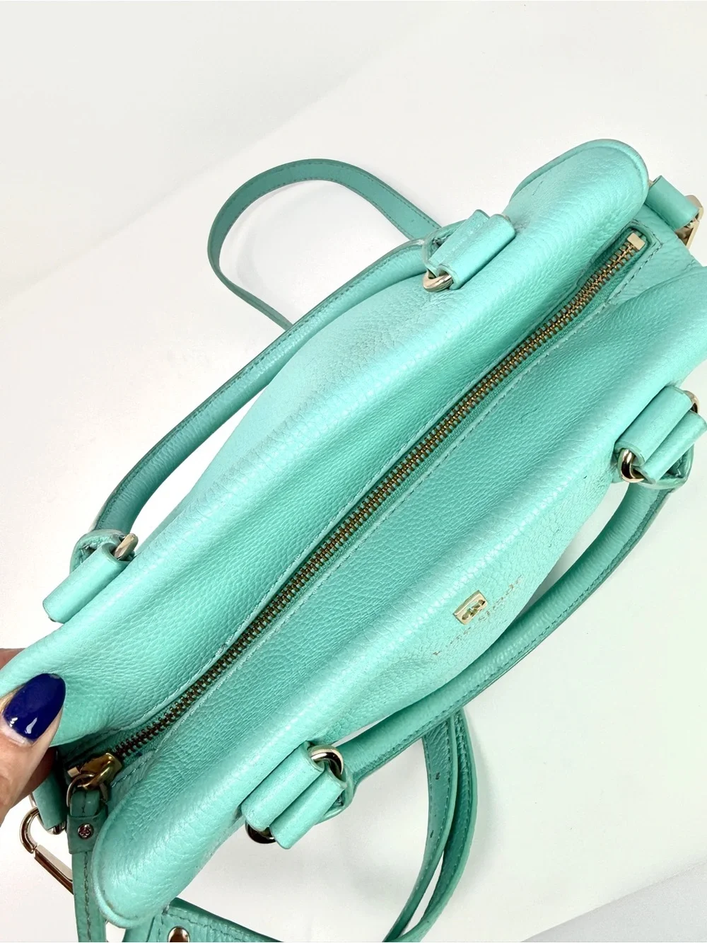 Kate Spade Grant Park Hadlen Satchel Crossbody Bag Aqua Blue Zipper Front Pocket